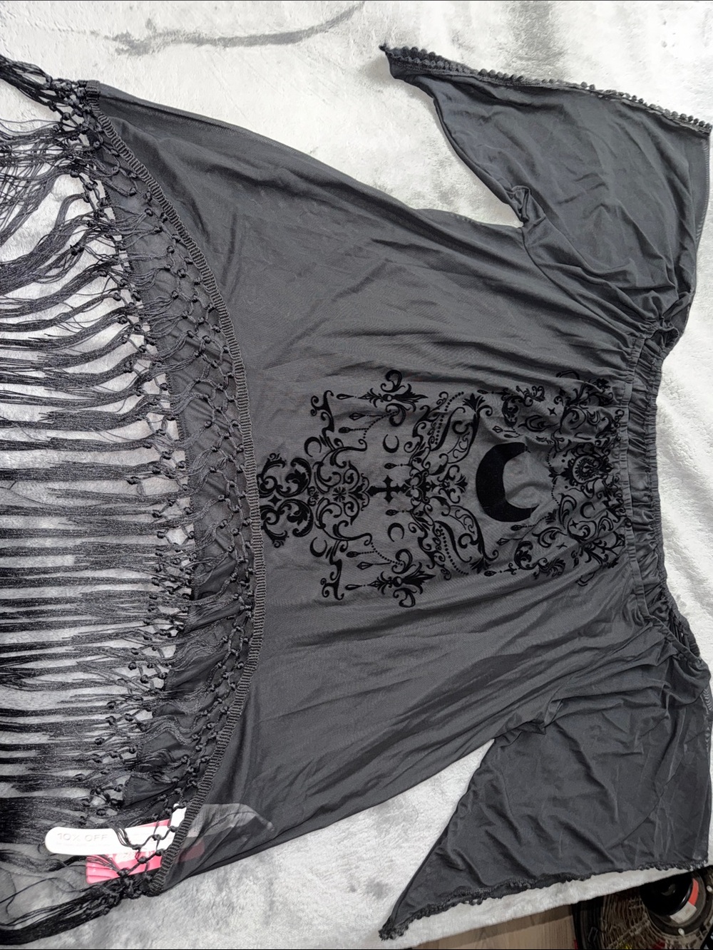 ROMWE Black Off-Shoulder Fringe Chemise with Crescent Moon Filigree